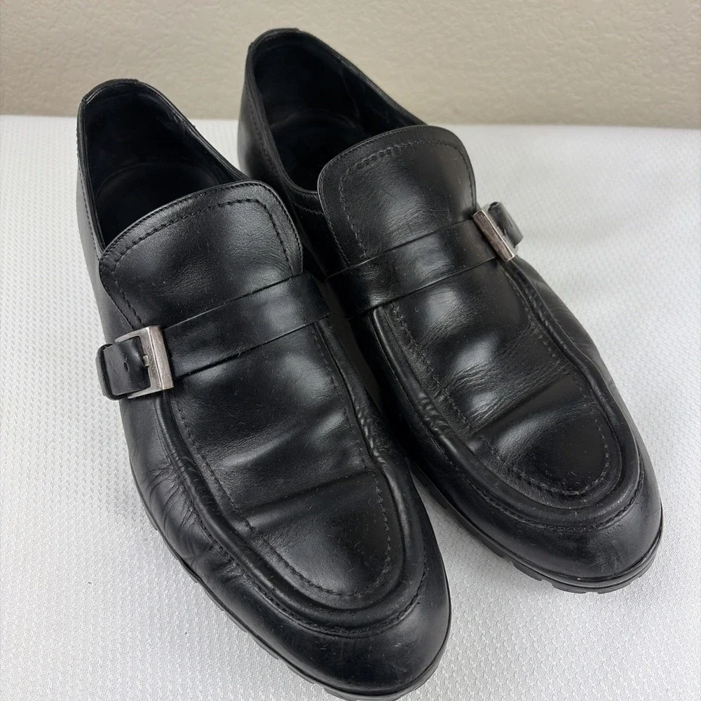 GUCCI Men's Black Leather Buckle Loafers With Rubber Lug Soles, Size 10.5